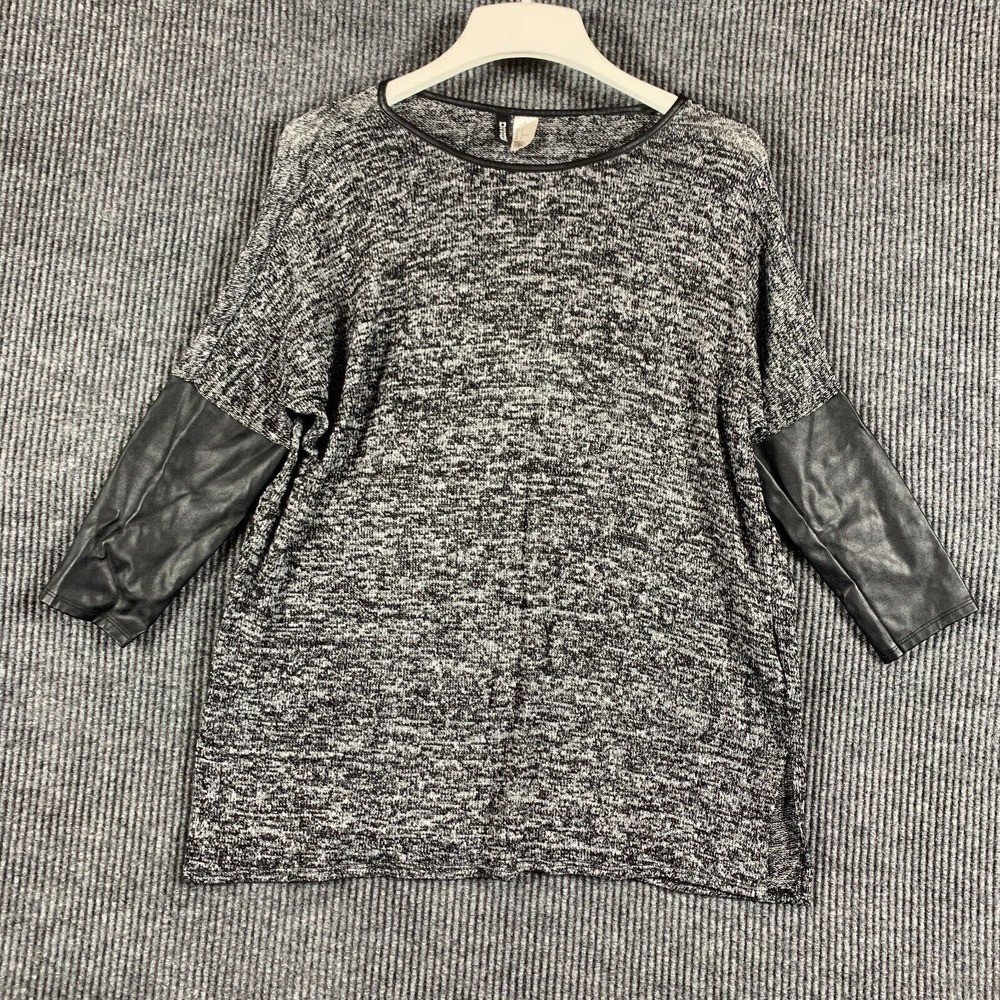HM Divided Sweater Womens Medium Gray Faux Leather Trim 3/4 Sleeve Lightweight